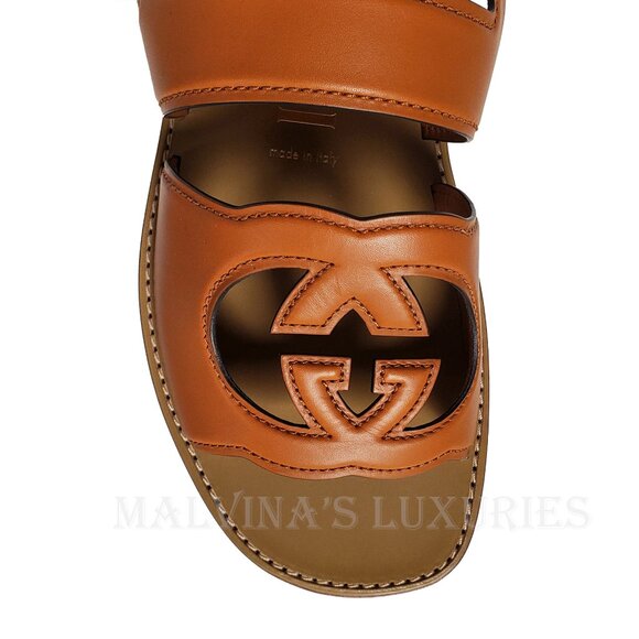 GUCCI SHOES MENS BROWN LEATHER CUTOUT INTERLOCKING G LOGO SANDALS sz 8 / 8.5 - Picture 13 of 16